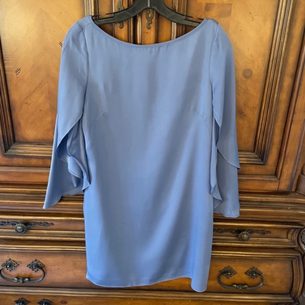 MILLY - Silk Periwinkle Flutter Sleeve Open Back Sheath Dress